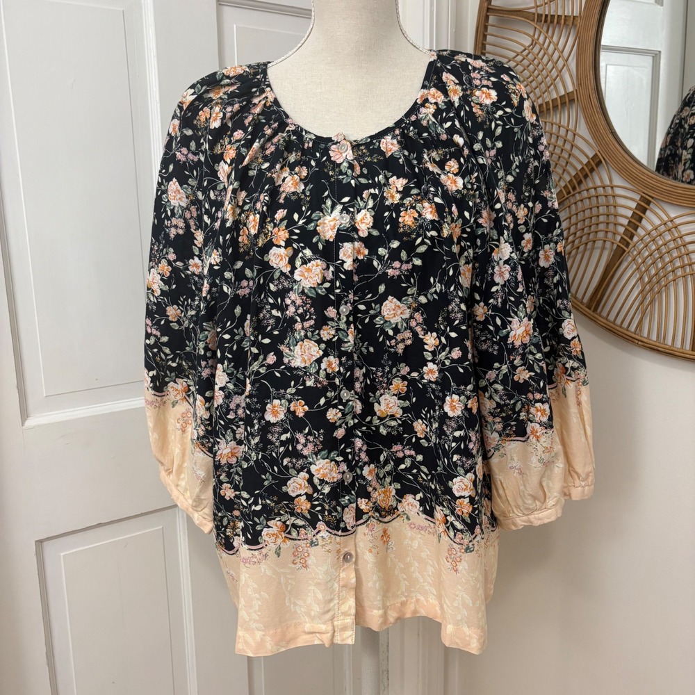 Lauren Conrad Floral Cottagecore Boho Blouse XXL Balloon Sleeve Flowy Button NWT